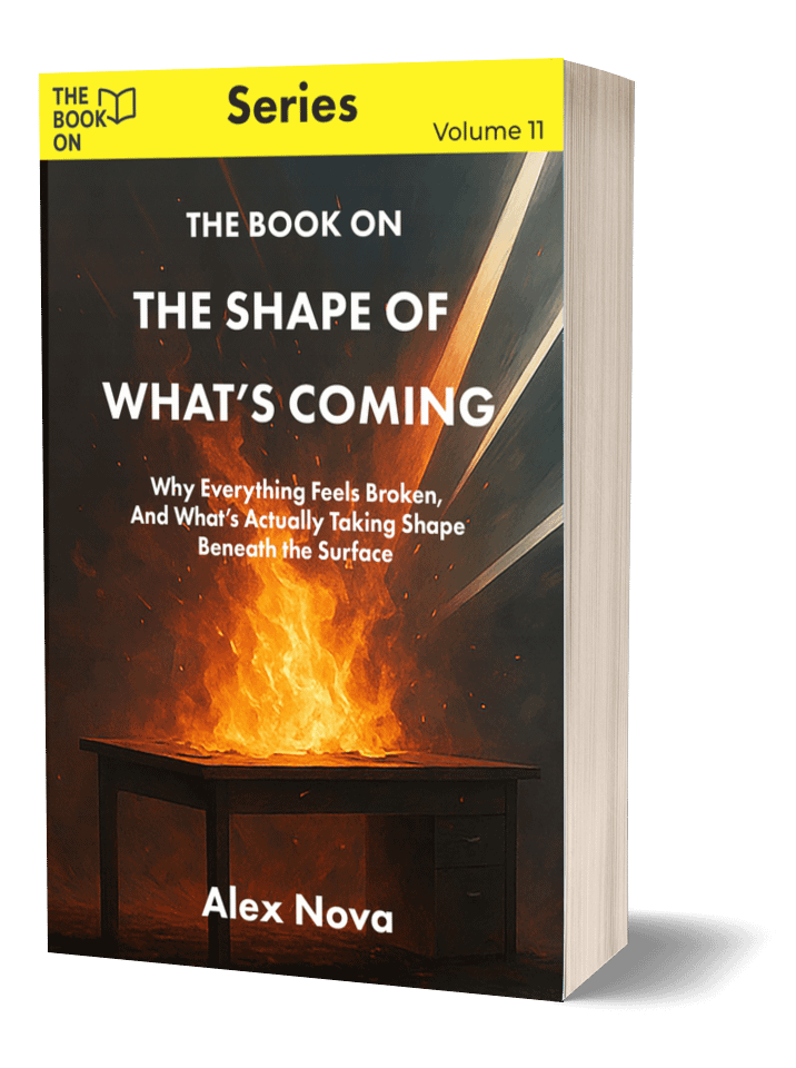 Book cover: Fiery desk, 'The Shape of What's Coming'.